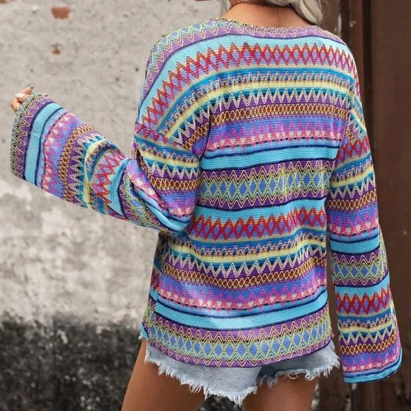 Rainbow striped bell sleeve knit striped boho long sleeve top orange blue pink - Picture 5 of 7